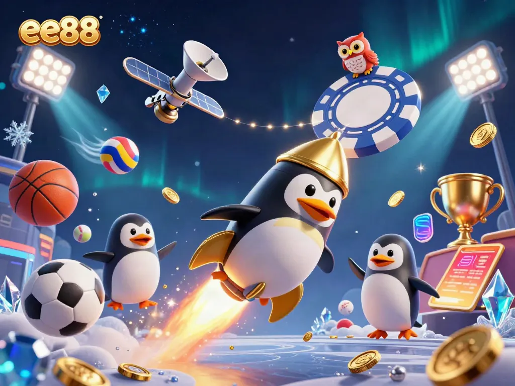 Experience thrilling gameplay with ee88 as the golden penguin rockets toward a vibrant casino space station.