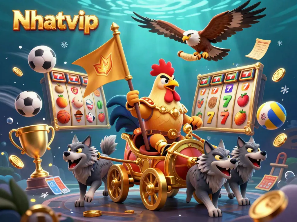 Nhatvip engages players with dynamic jackpot games featuring a rooster warlord and rich casino elements.