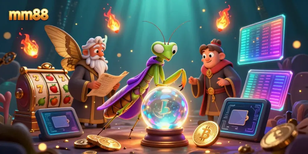 Experience thrilling slots at mm88 with a mystical fortune teller and vibrant game elements.