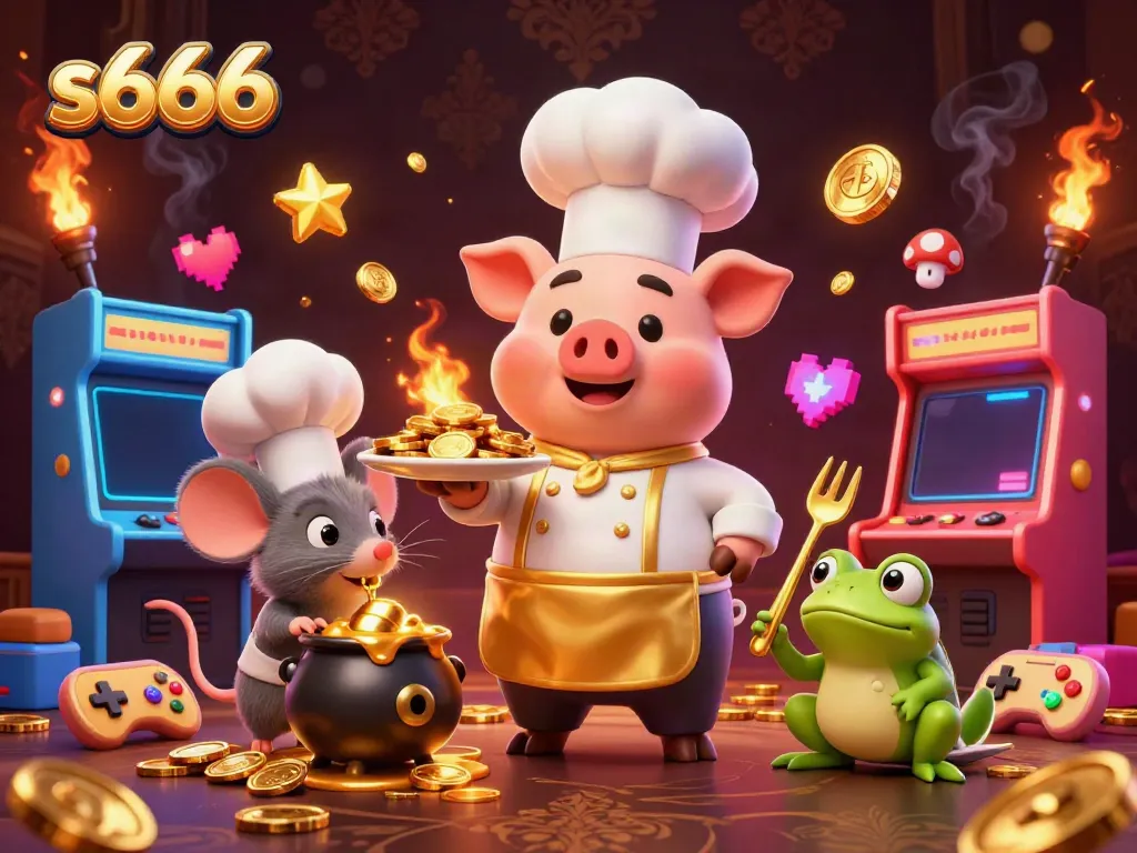 Experience the thrill of s666 as a chef pig serves gold coin delicacies in an interactive gaming scene.