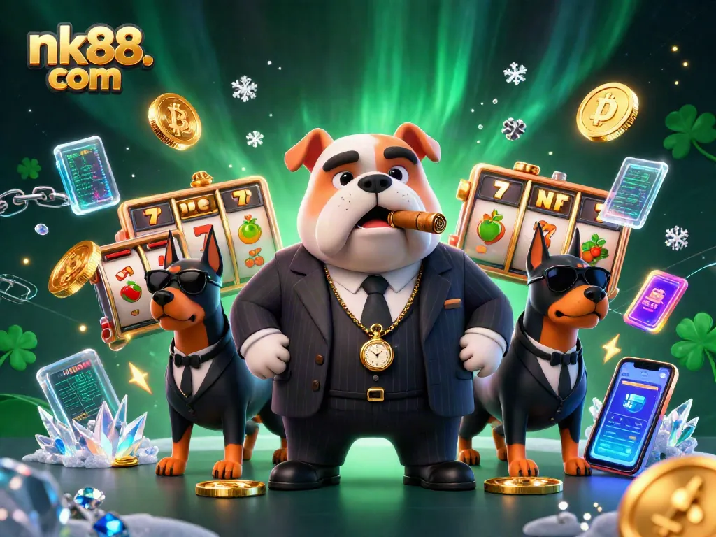 Bet on nk88. com with the mafia boss bulldog and bodyguards amid slot reels and crypto assets.