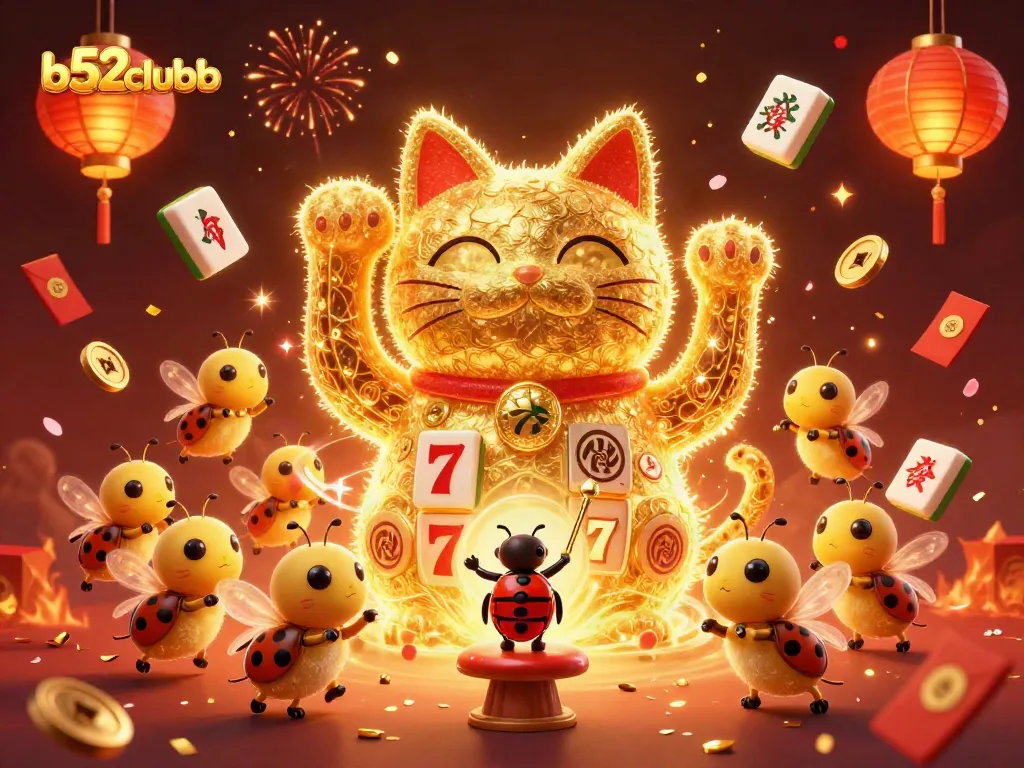 Engage with b52clubb through a vibrant 3D illustration of a lucky cat and casino symbols