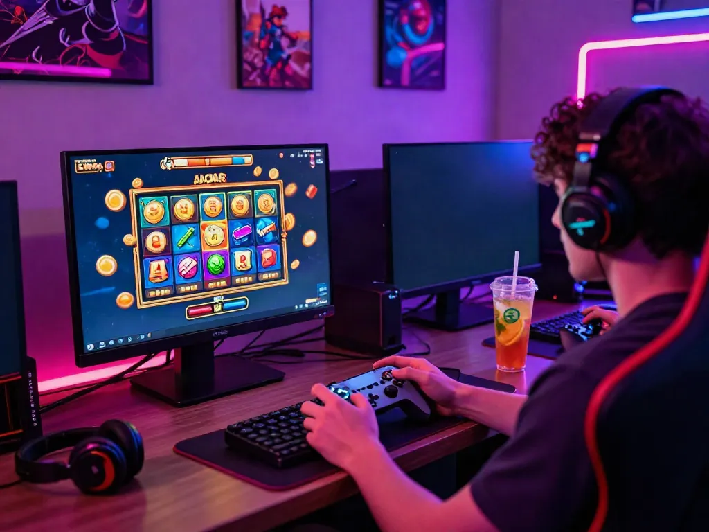 Engaged player enjoying a slot gacor game in a vibrant gaming room.