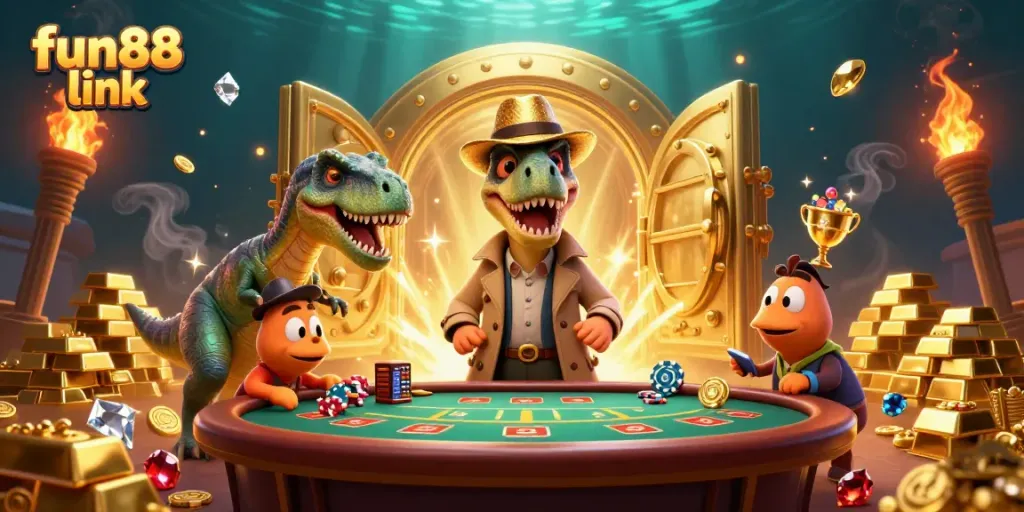 Experience the thrilling fun88 link with lively characters at a blackjack table, surrounded by treasure.