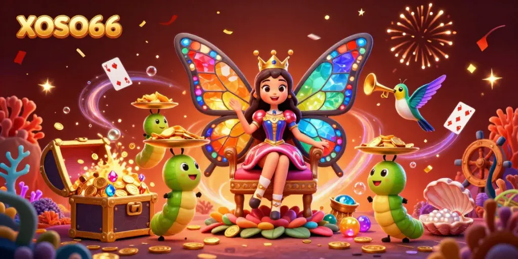 XOSO66 showcases a vibrant casino scene with a butterfly queen, colorful gems, and celebratory effects.