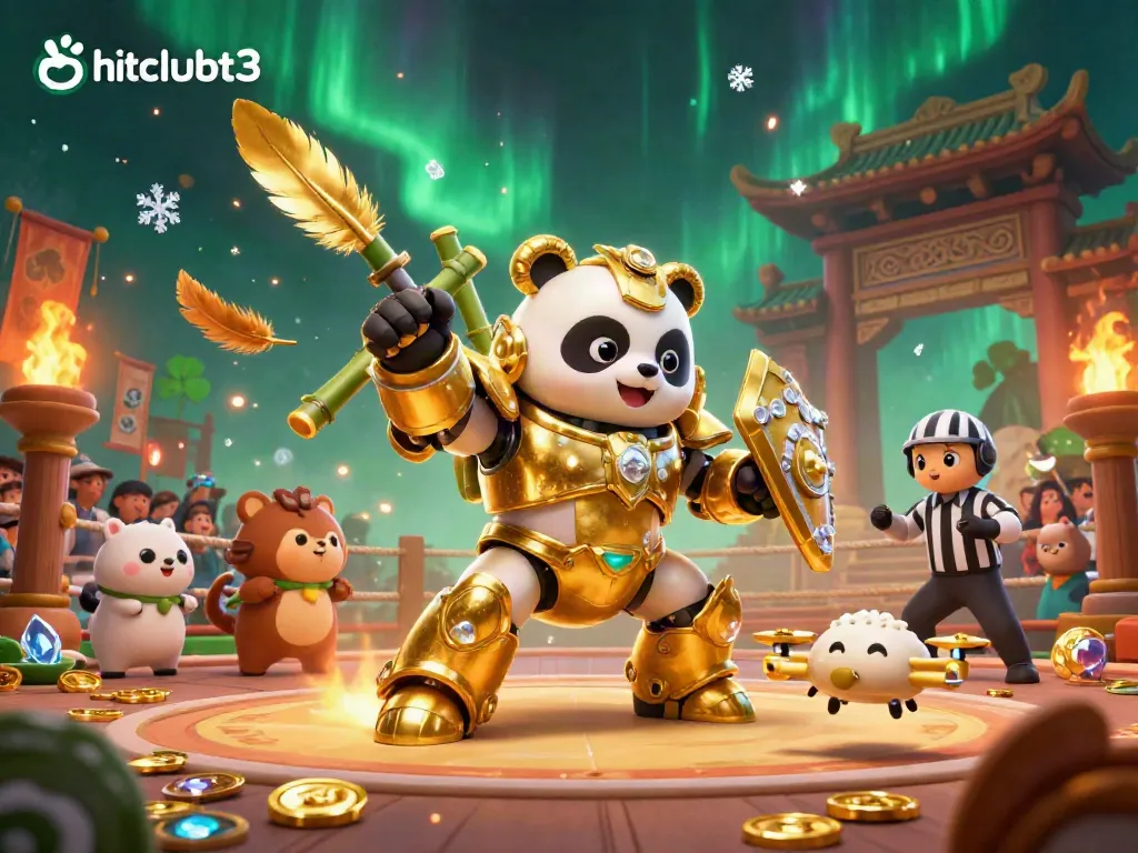 Join the exhilarating battles at hitclubt3 with a golden panda piloting a robot in a bustling arena.