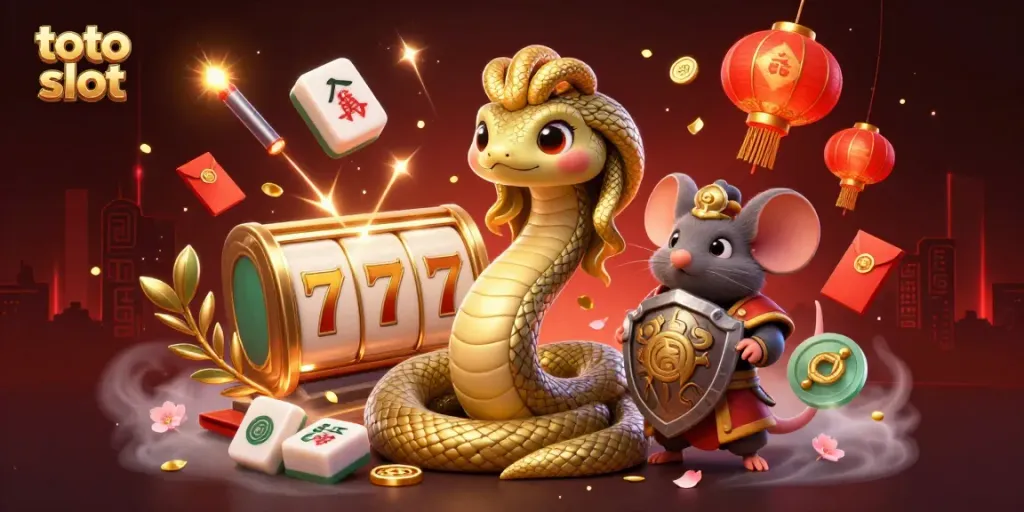 Menang besar di toto slot dengan ilustrasi Medusa dan pejuang mouse di latar kasino ceria.