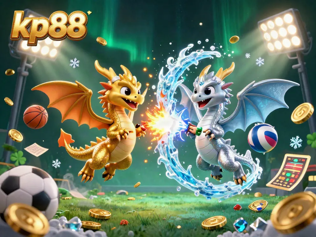 Experience thrilling gameplay with KP88 as fire and ice dragons battle in a vibrant casino scene.