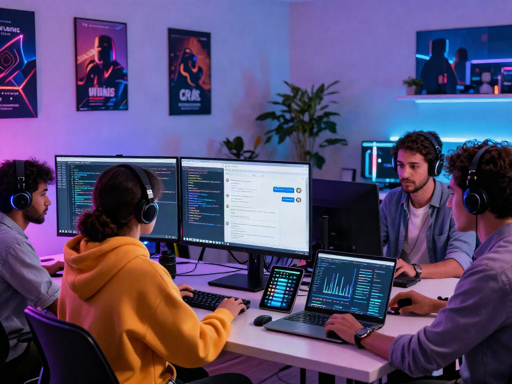 Collaborative workspace showing a team developing an AI chat nsfw application with coding and data analysis.