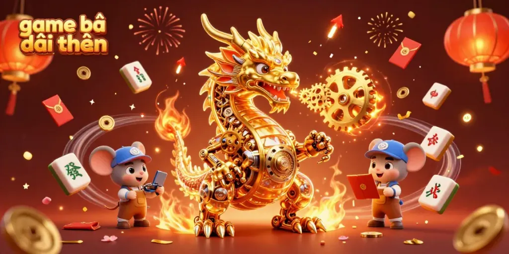 Experience game bài đổi thưởng through an extravagant 3D dragon and vibrant casino elements.