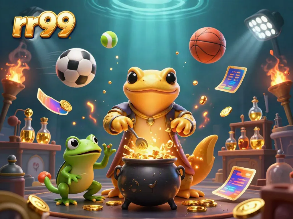 Experience the magic of rr99 with golden coins and thrilling sports elements in a captivating fantasy scene.