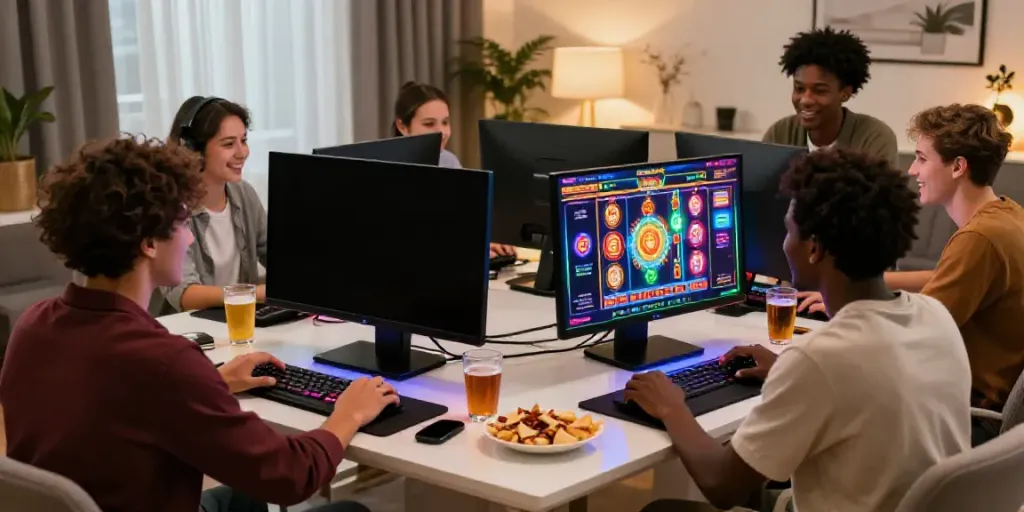 Permainan slot online dengan suasana penuh kegembiraan di ruang tamu modern.