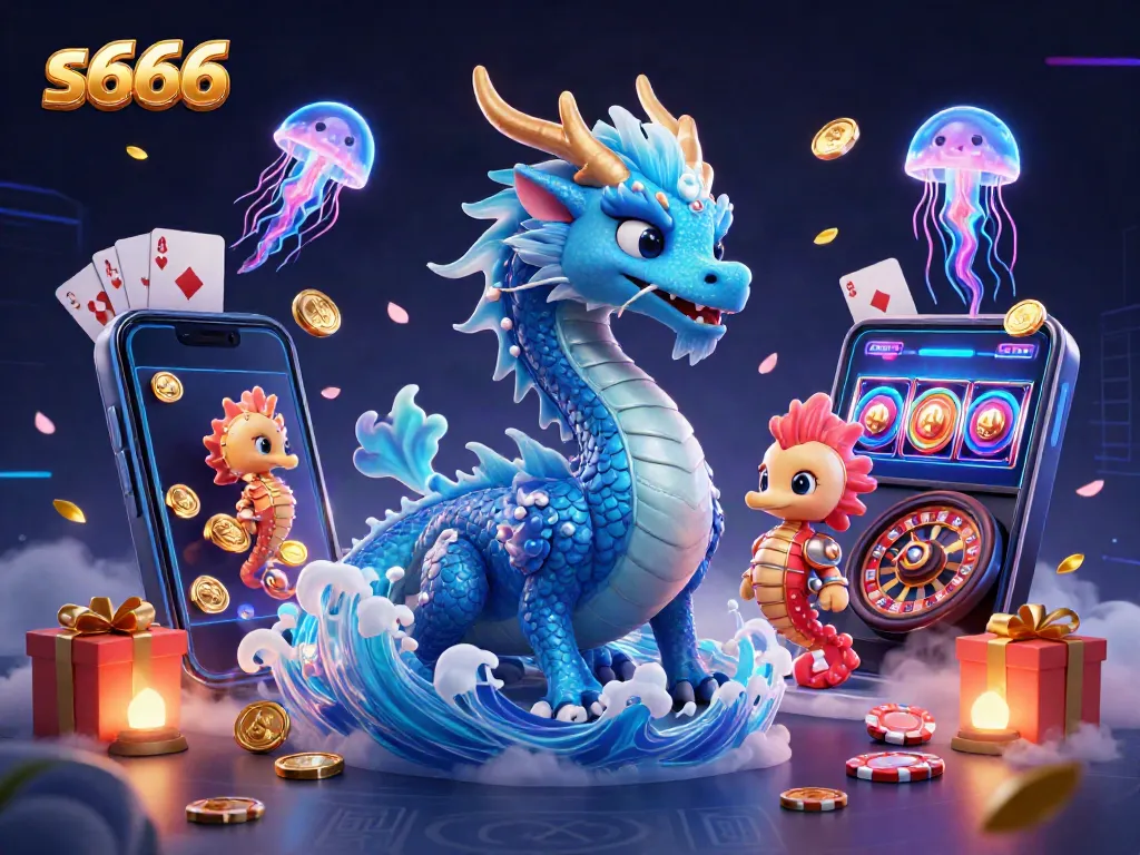 S666 slot game adventure with a dragon, seahorse knight, and neon jellyfish.