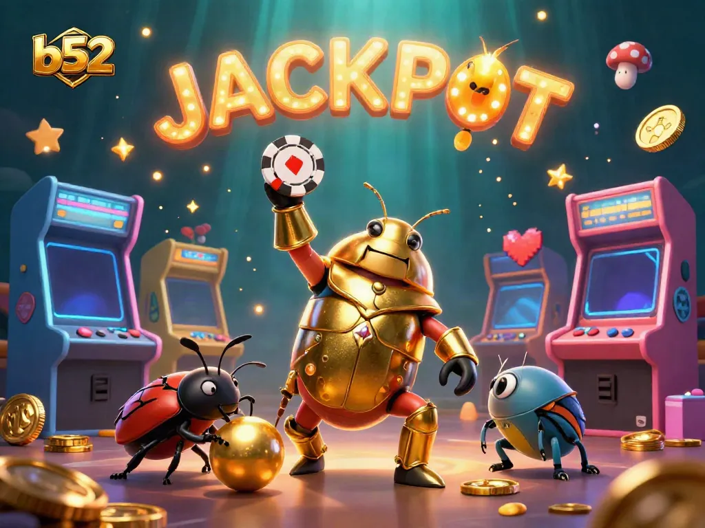 Join the excitement at B52 as the victorious beetles celebrate a jackpot win amid vibrant casino elements.