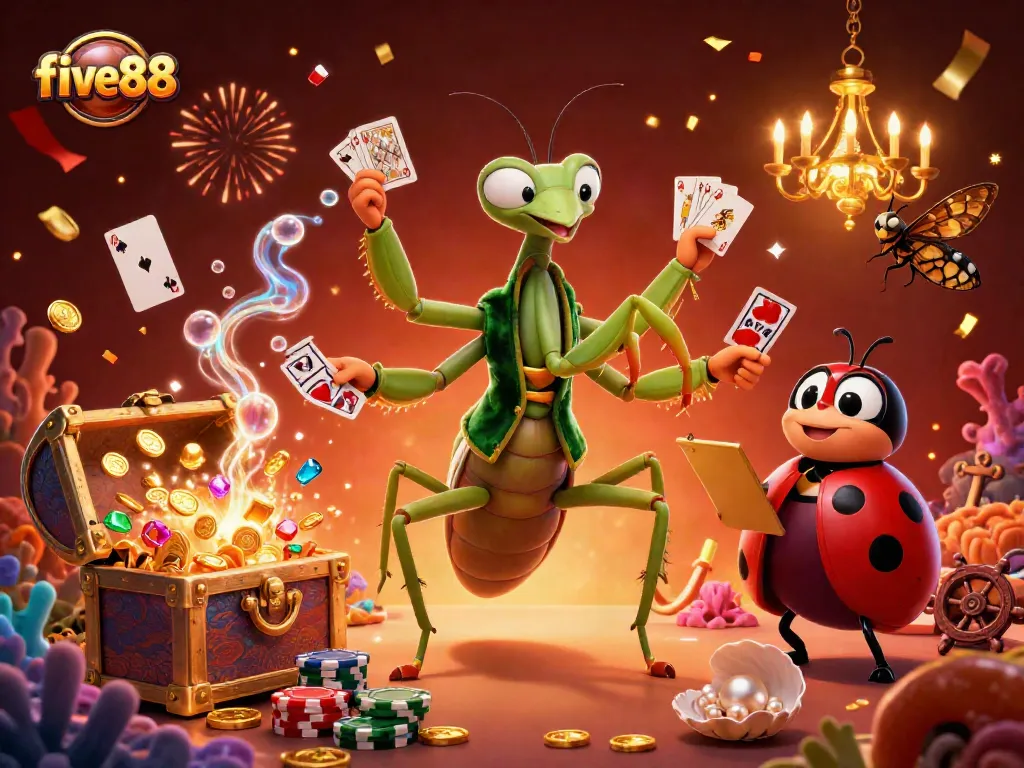 Experience excitement with five88 in a vibrant 3D casino illustration featuring card games and party elements.