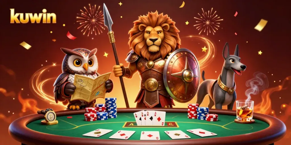 Experience thrilling games at kuwin with a bold Spartan lion, owl strategist, and greyhound, surrounded by poker elements.