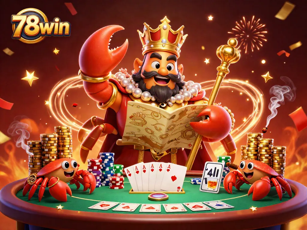 Engage in thrilling gaming with 78win's charismatic crab emperor amidst dramatic casino elements.