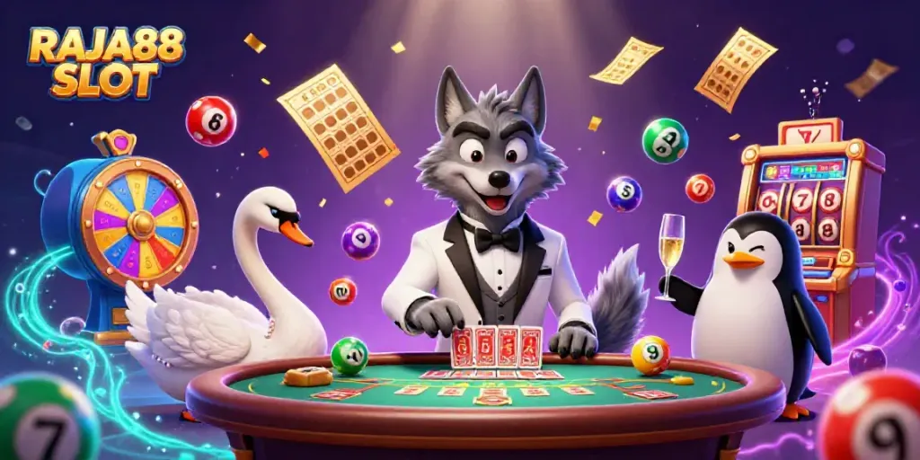 Experience the excitement of RAJA88 SLOT with a vibrant 3D casino scene filled with lively characters and dynamic gaming elements.