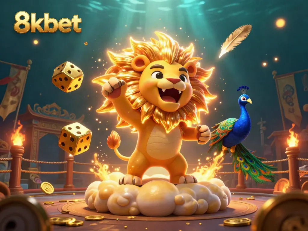 Join the vibrant action at 8kbet with the roaring lion, rolling dice, and casino thrill!