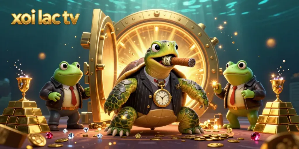Xoi lac tv features a vibrant 3D illustration of a mobster turtle surrounded by casino treasures and enforcers.