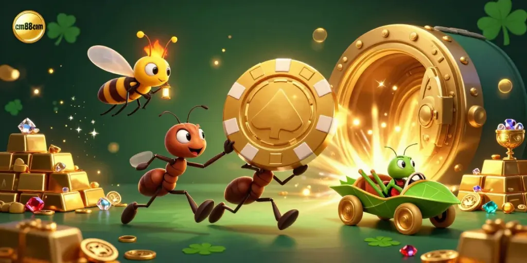 Experience the thrill of online gambling with cm88com as cartoon ants heist a giant poker chip.