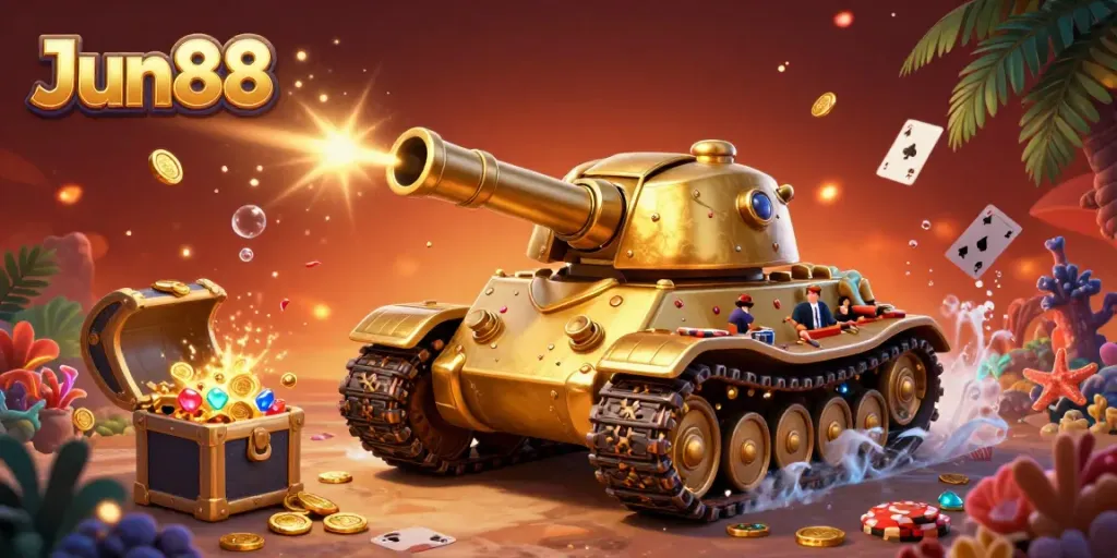 Experience thrilling action at Jun88 with a golden beetle tank casino surrounded by treasure.