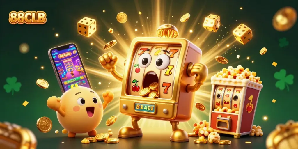 Hit the jackpot with 88CLB in this vibrant 3D casino illustration featuring golden slot machines.