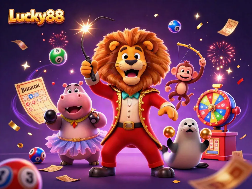 Experience thrilling games at Lucky88 with vibrant characters and dynamic casino elements in a festive atmosphere.