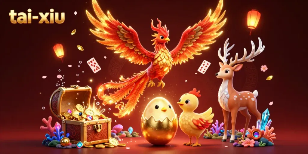 Experience the thrilling game of tai-xiu in this vibrant 3D illustration with dynamic characters and casino elements.