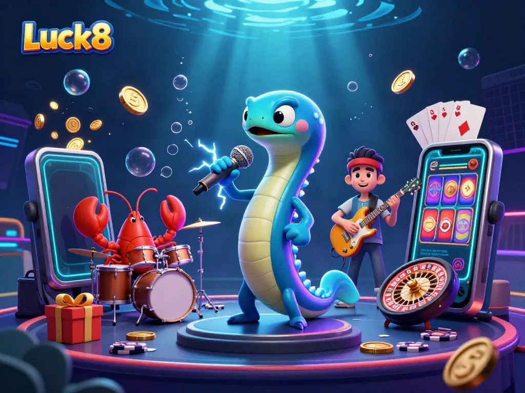 Luck8 showcases an electric eel DJ with lobster and seahorse musicians at a vibrant underwater casino.