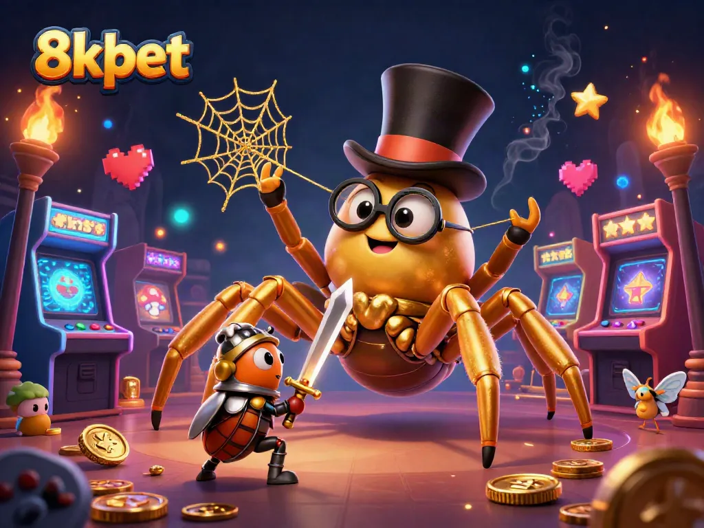 Engage with thrilling gameplay at 8xbet featuring a giant golden tarantula and arcade machines.