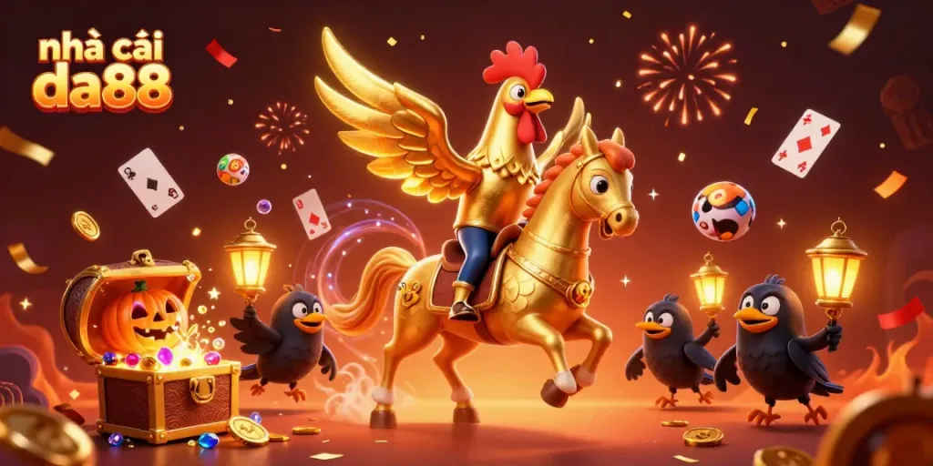 Experience the thrill of gaming at nhà cái da88 with a vibrant casino scene featuring a golden rooster and lantern-carrying companions.