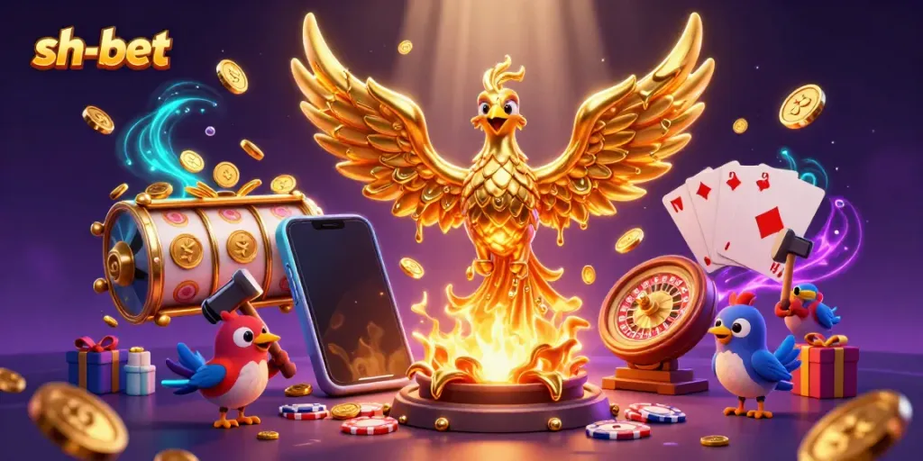 Engage in thrilling gameplay at sh-bet with a fiery phoenix and casino elements bursting with excitement.