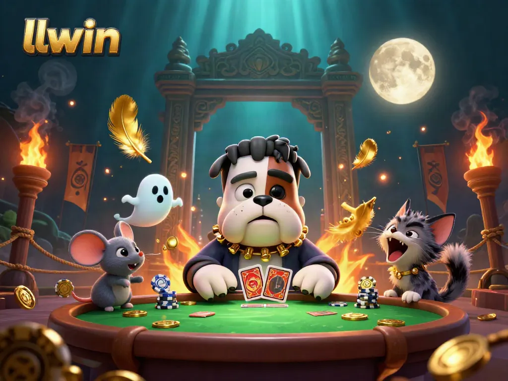 llwin showcases a thrilling card game scene with a Frankenstein bulldog dealer and ghostly elements.