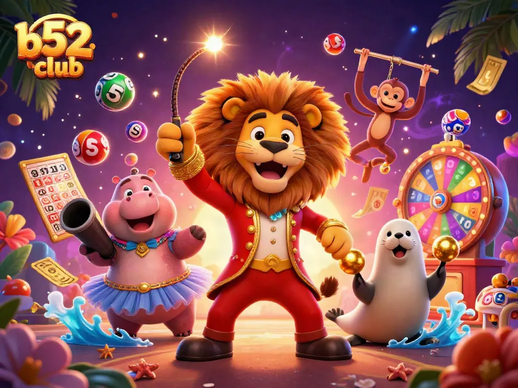 Bets come alive at b52club with animated circus characters and festive gaming elements in this vibrant casino scene.