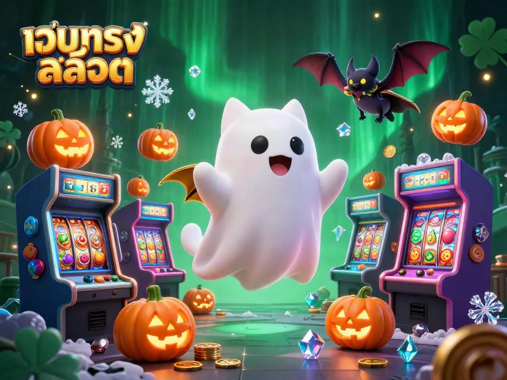 Engage in thrilling เว็บตรงสล็อต adventures with a ghost cat and vampire bat in a haunted casino.