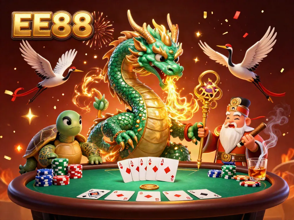Experience thrilling gaming at EE88 with a jade dragon, wise turtle, and lucky cranes in fantastic casino battle.