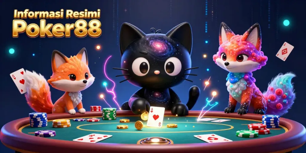 Engaging scene showing Informasi Resmi Poker88 with a cosmic-themed cat and colorful fox among gaming elements.