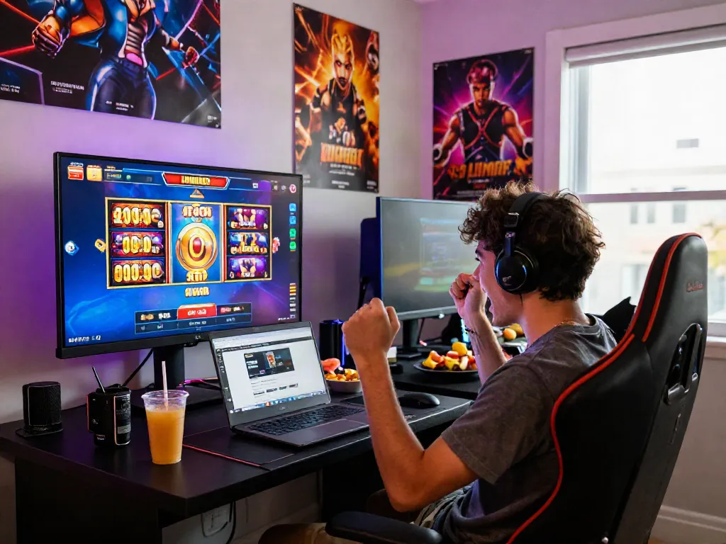 Player enjoying a big win on lumbung88 in a vibrant gaming room