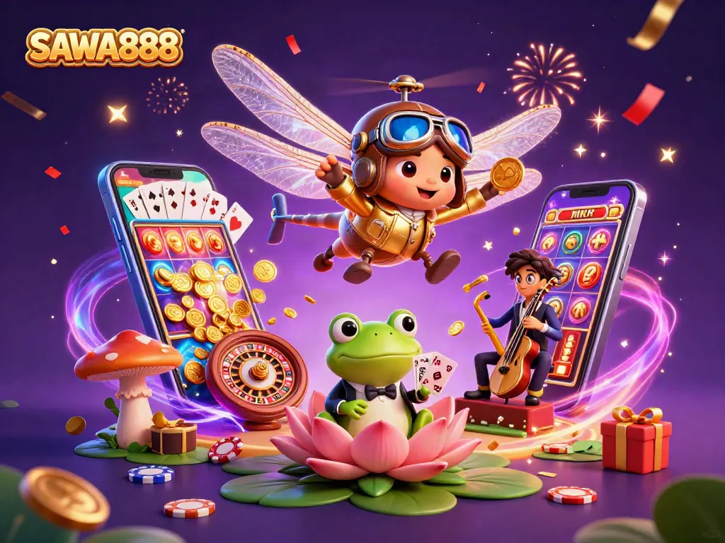 SAWA888 showcases an engaging casino scene with a dragonfly pilot and vibrant game elements.