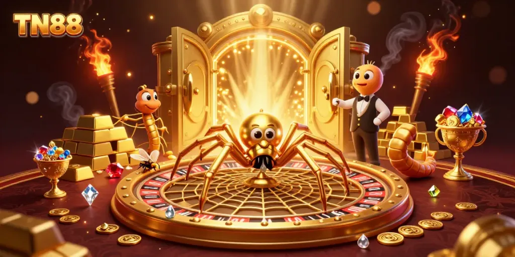 Experience TN88's thrilling betting atmosphere with cartoon characters at a vibrant casino scene.