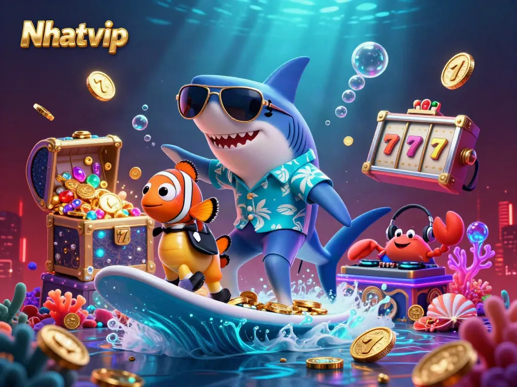 Nhatvip showcases a thrilling underwater casino adventure with a shark and clownfish while winning big.