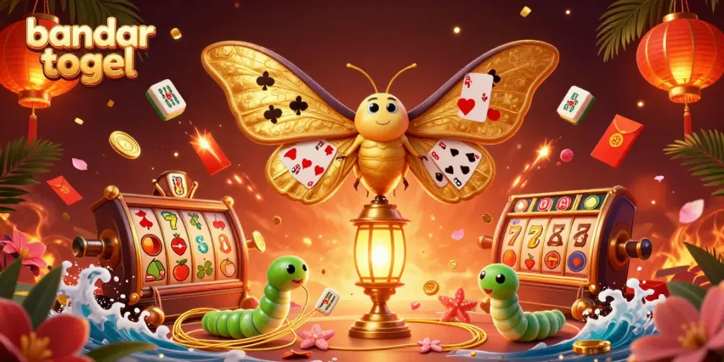 Bandar togel menampilkan ilustrasi kasino dengan kupu-kupu raksasa dan elemen permainan yang berkilauan.
