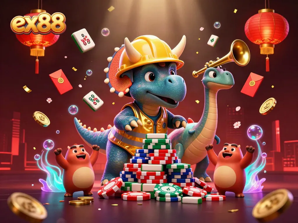 ex88 showcases a playful triceratops and friends celebrating with poker chips surrounded by vibrant casino elements.