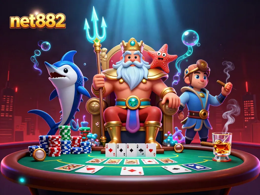 Experience thrilling poker games at net882 with sea king Neptune and vibrant casino atmosphere.
