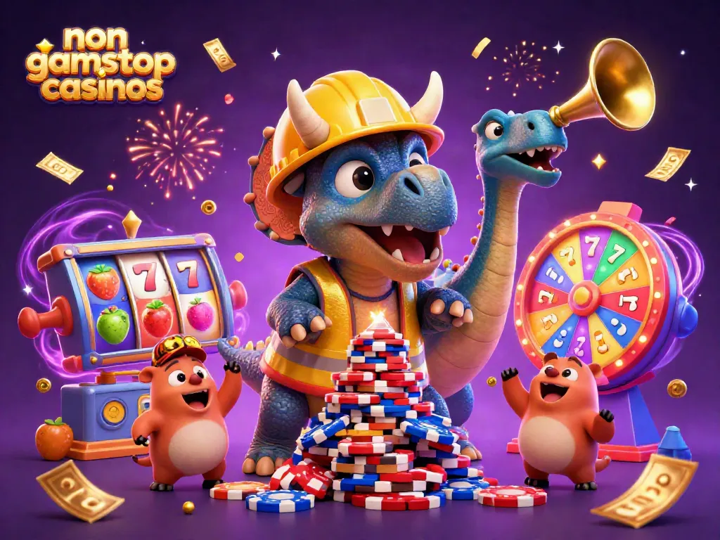 Engaging scene at non gamstop casinos with a cheerful triceratops building poker chips.
