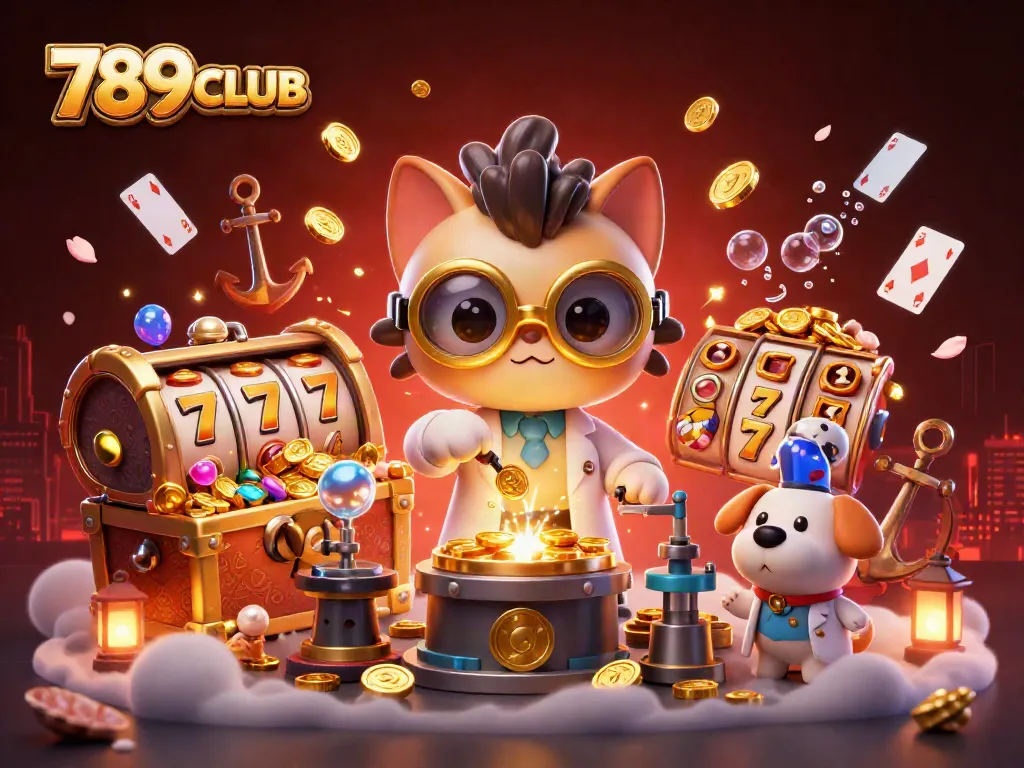 Engage with winning strategies at 789CLUB, featuring a 3D cartoon casino scene filled with spinning slot reels.