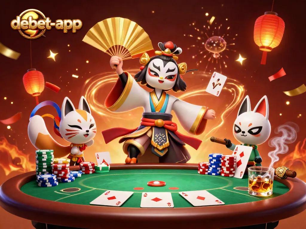Engage in rich gameplay with debet-app at a festive poker scene featuring vibrant characters.