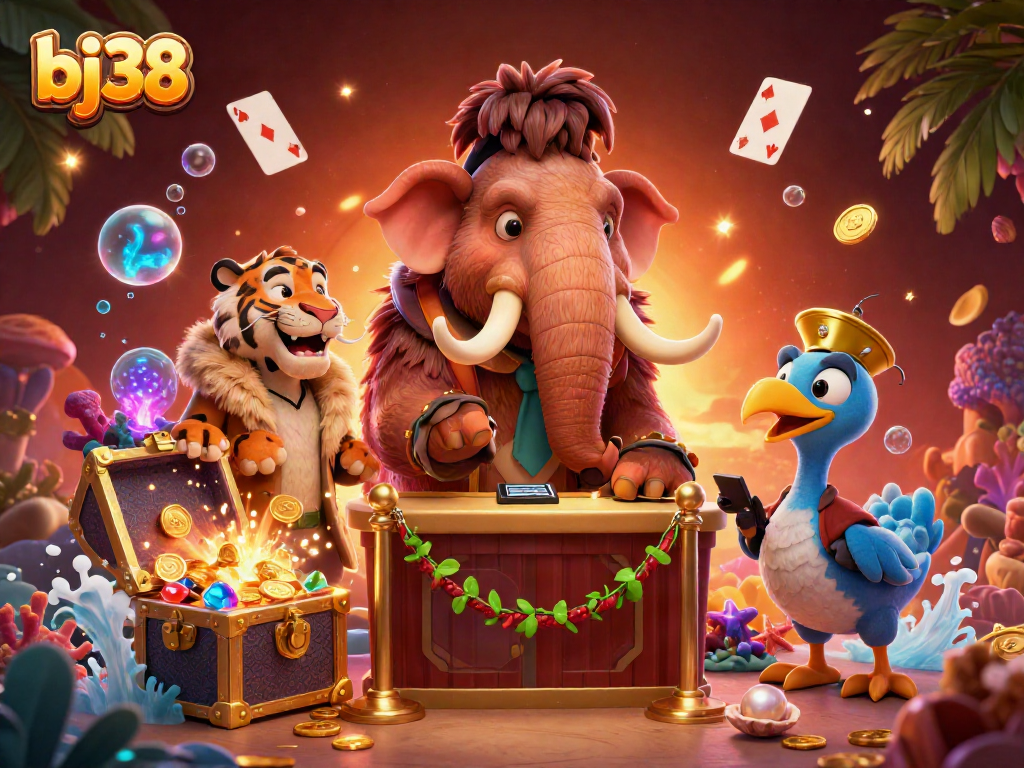 Bj38 features a vibrant 3D casino scene with a woolly mammoth bouncer and a saber-tooth tiger VIP.