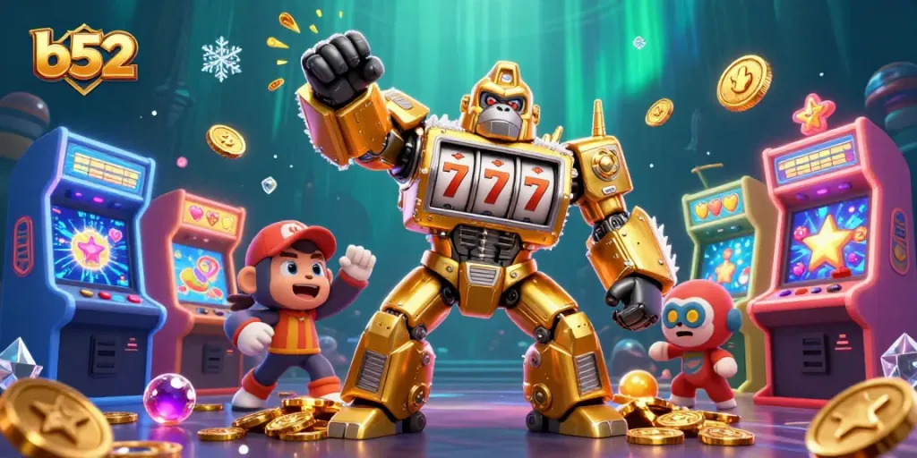 Experience thrilling wins at b52 with a vibrant 3D illustration of a golden gorilla mech and casino elements.